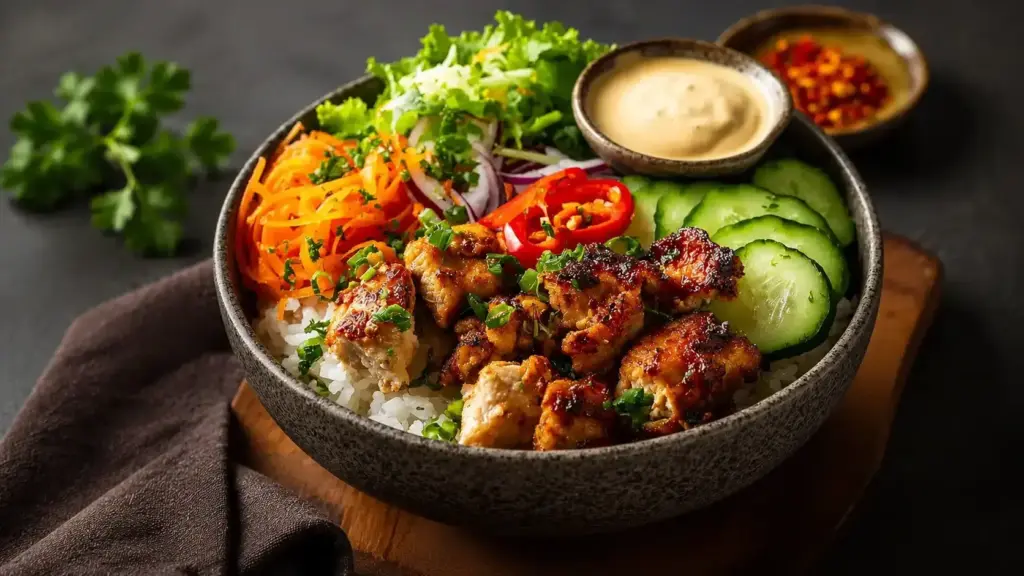 Würzige Hähnchen Bowl cremiger Soße