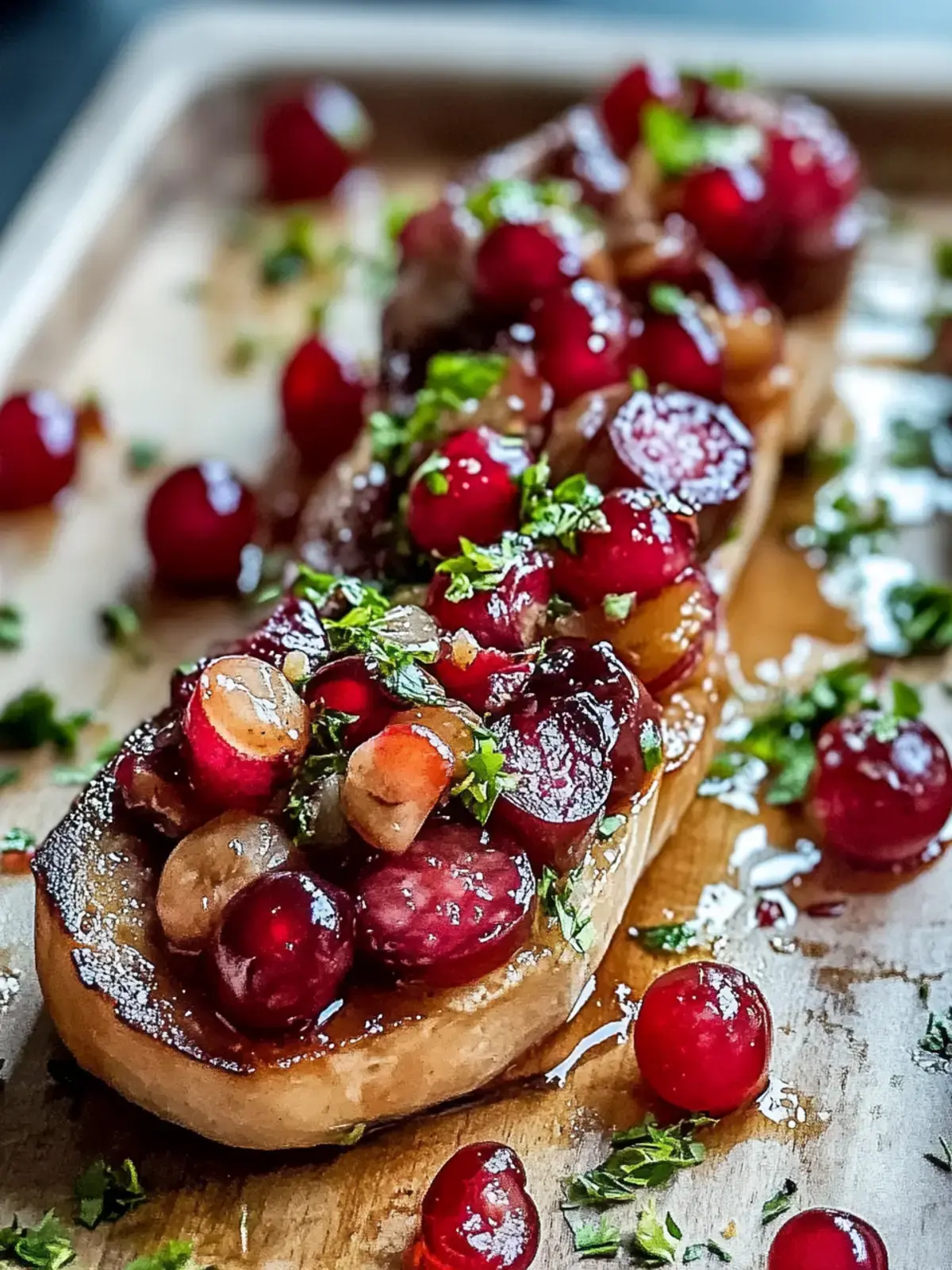 Blechpfanne geräucherter Wurst Preiselbeeren Häppchen