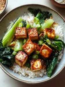 Gebratener Pak Choi mit knusprigem Tofu und Reis