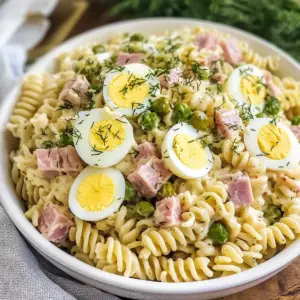 Gewürzgurkensalat mit gefüllten Eiern und Schinken