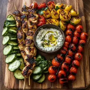 Griechisches Hähnchen-Souvlaki-Scharrbrett mit Feta