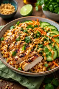 Knuspriger Hühnchen-Reis-Salat mit Erdnussdressing