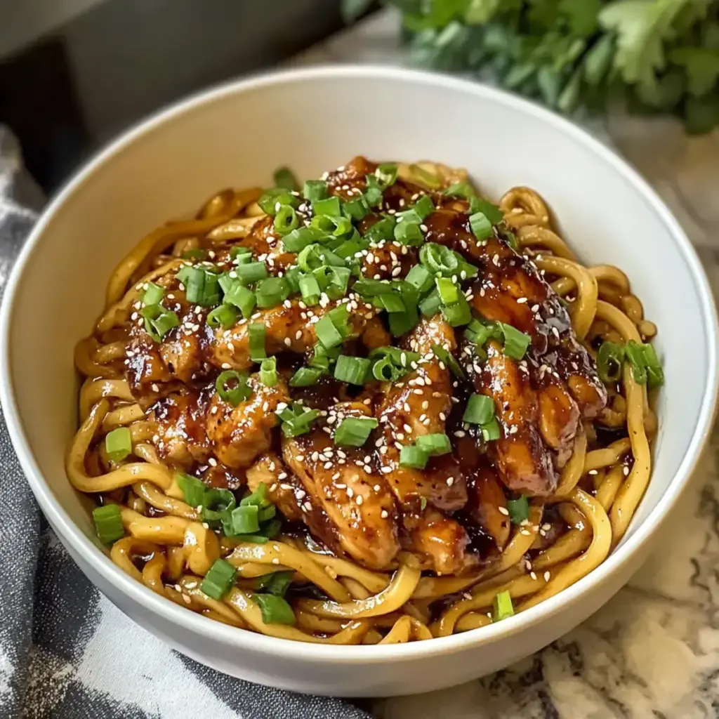 Knoblauchnudeln mit Teriyaki-Hühnchen