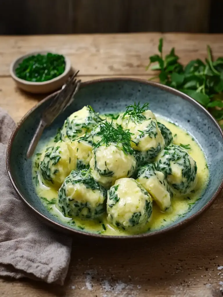 Knödel mit Käse-Spinat-Soße