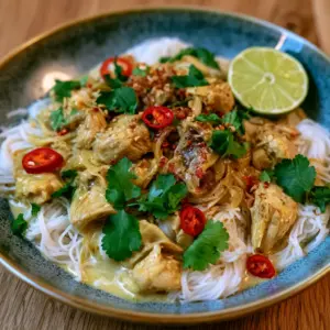 Kokos-Limetten-Hähnchen-Pfanne mit Reisnudeln