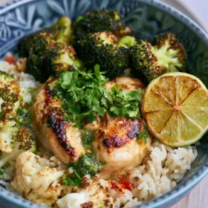 Kokos-Limetten-Hähnchen-Reis-Bowl mit geröstetem Brokkoli