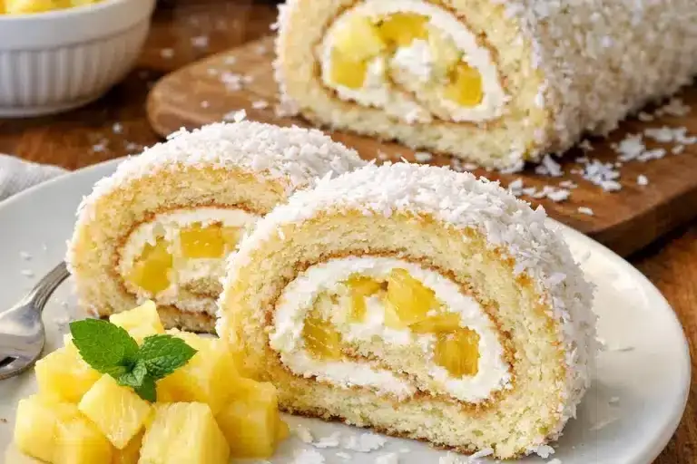 Kokosnuss Biskuit Rolle mit Ananas