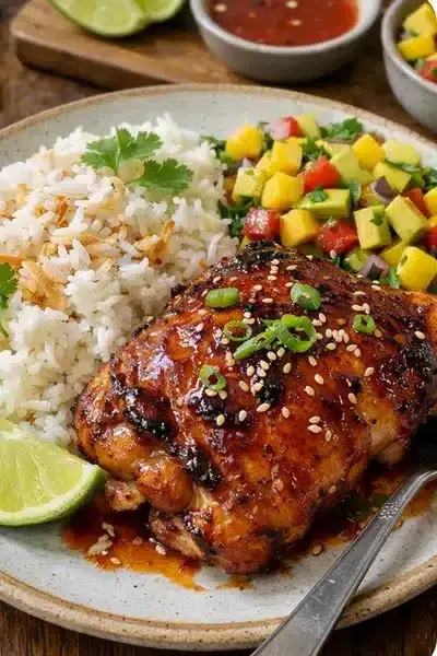 Maple Sriracha Hähnchen mit Kokosreis und Mango-Avocado-Salsa 2 Maple Sriracha Hähnchen