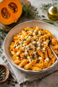 Nudeln mit Kürbissoße und Feta