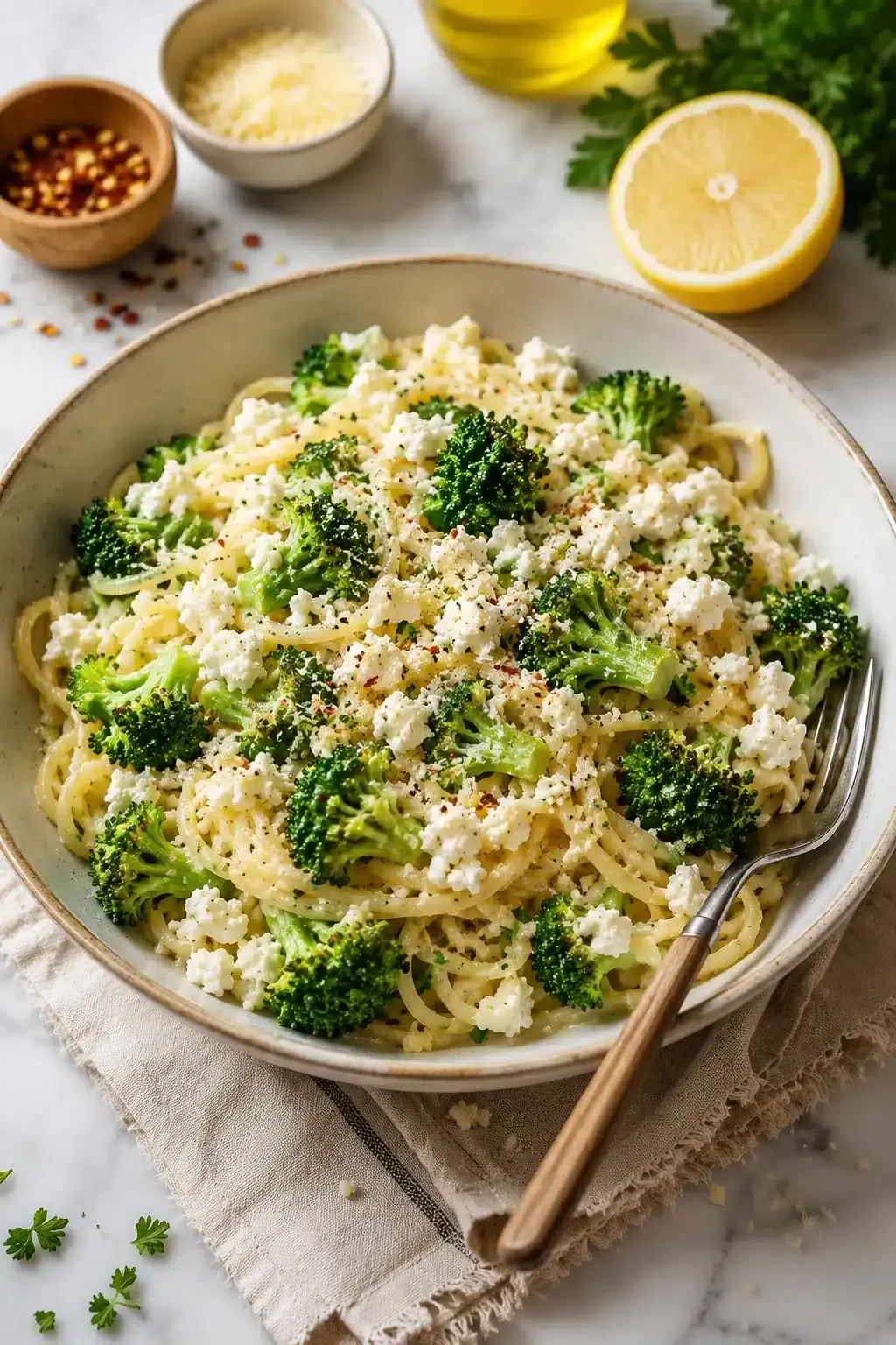 Pasta mit Brokkoli Feta und Zitrone