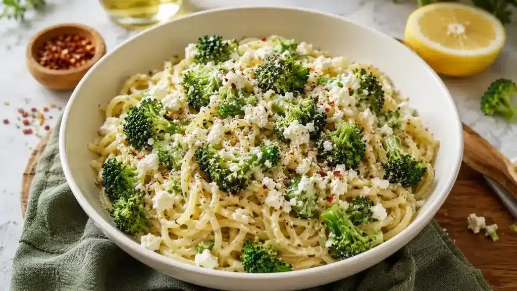 Pasta mit Brokkoli Feta und Zitrone