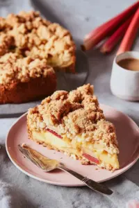 Klassischer Rhabarberkuchen mit Pudding und Streuseln