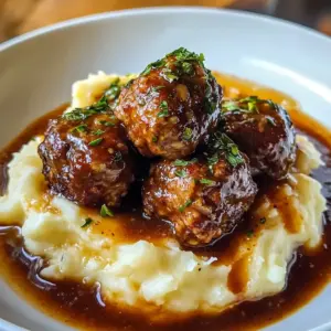 Saftige Salisbury Steak Fleischbällchen mit Knoblauch-Kräuter-Stampfkartoffeln