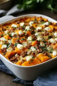 Süßkartoffel-Hackfleisch-Auflauf mit Feta