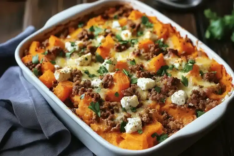 Süßkartoffel-Hackfleisch-Auflauf mit Feta