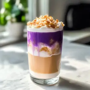 Eisige Ube-Kokosnuss-Macchiato